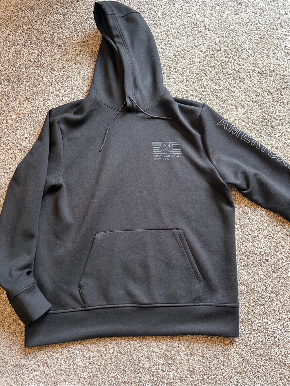 American Eagle Outfitters Black Hooded Pullover with Sleeve Text